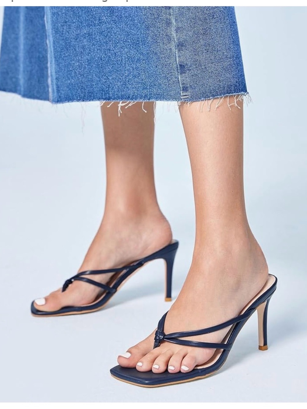 NEW Coutgo Womens Heeled Sandals Square Toe Flip Flops Thong - Navy Blue Sz 9.5